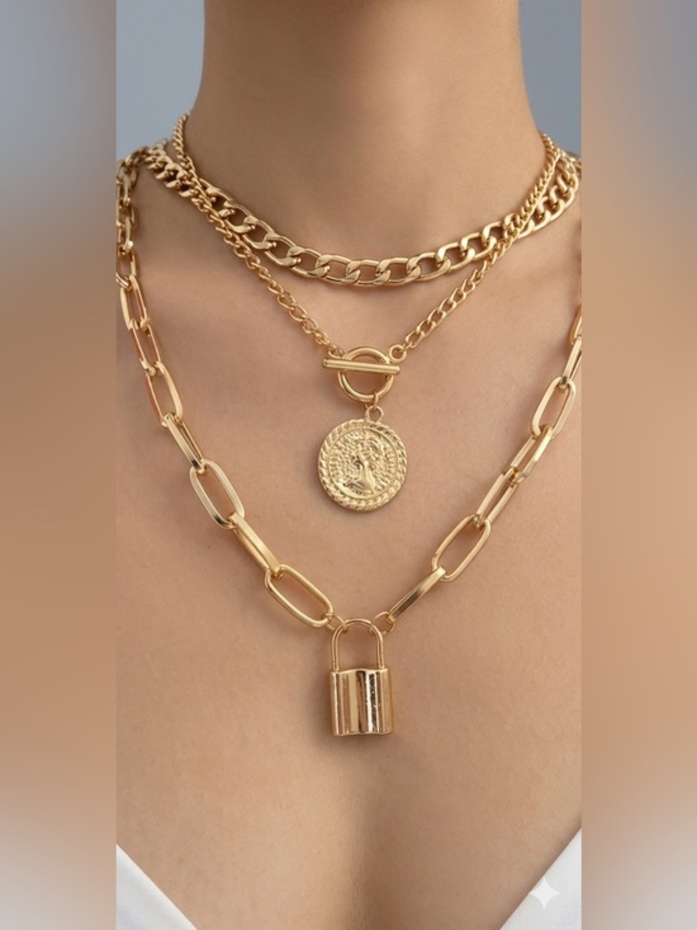 Layered Necklace Trio - Women's Jewelry 3 Necklaces Coin & Padlock